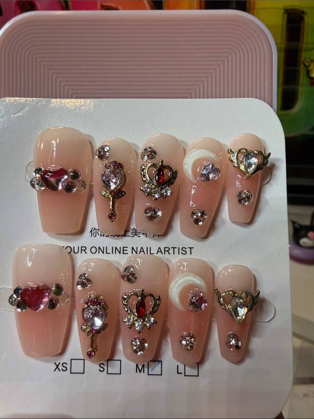 Sailor Moon Blush Pink Heart & Crystal Embellished Press-On Nail Set